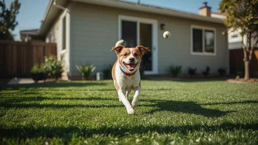 Dog playing on artificial turf in Sunnyvale backyard